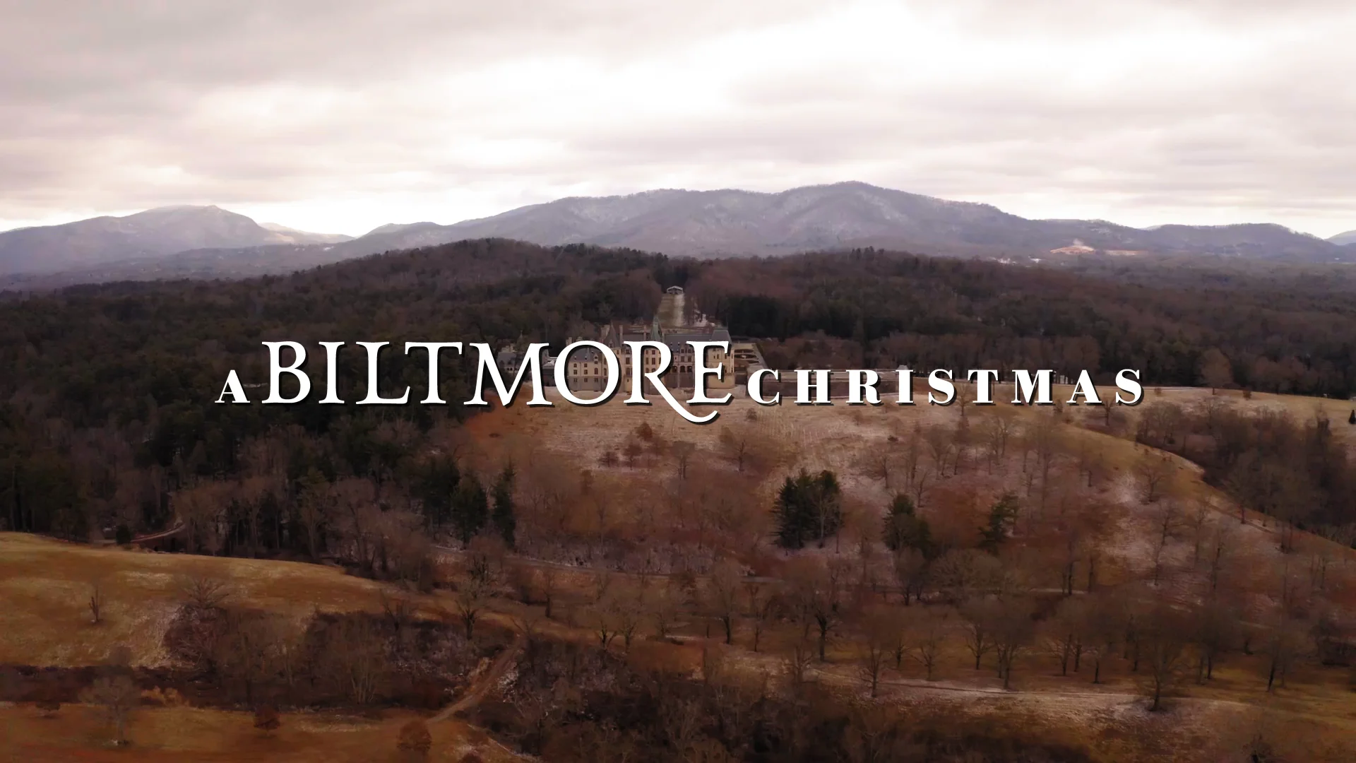 Aerial view of Biltmore Estate with mountains in the background during winter.