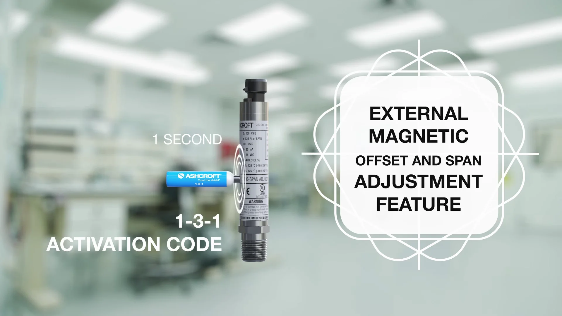 Ashcroft pressure sensor with adjustment feature and activation code in a lab setting.