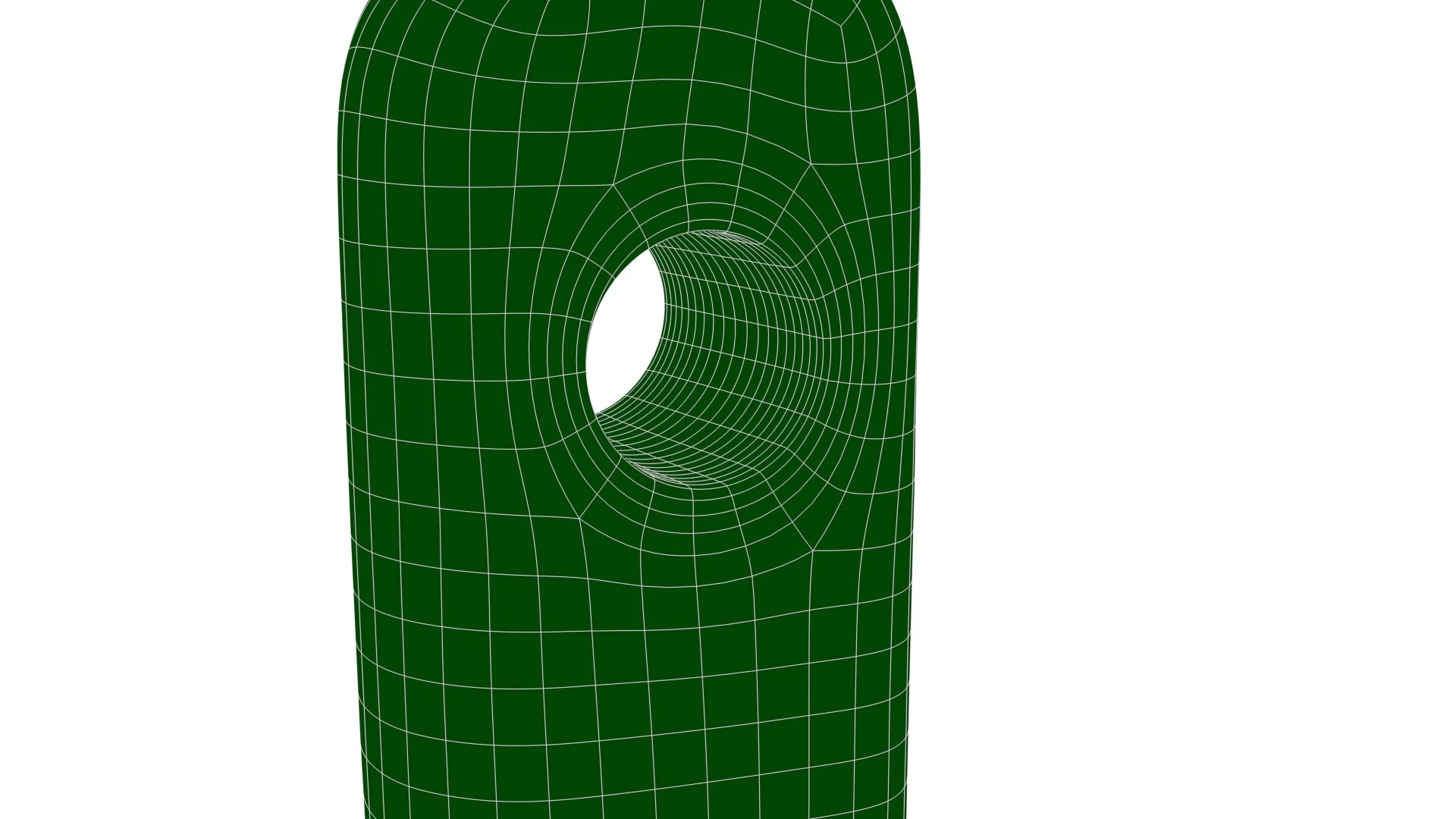 Wireframe of an object with a grid pattern and a central hole, showcasing geometric design.