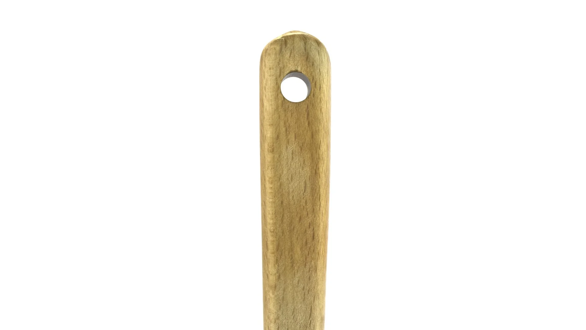 Close-up of a wooden spoon with a round hole handle for hanging.